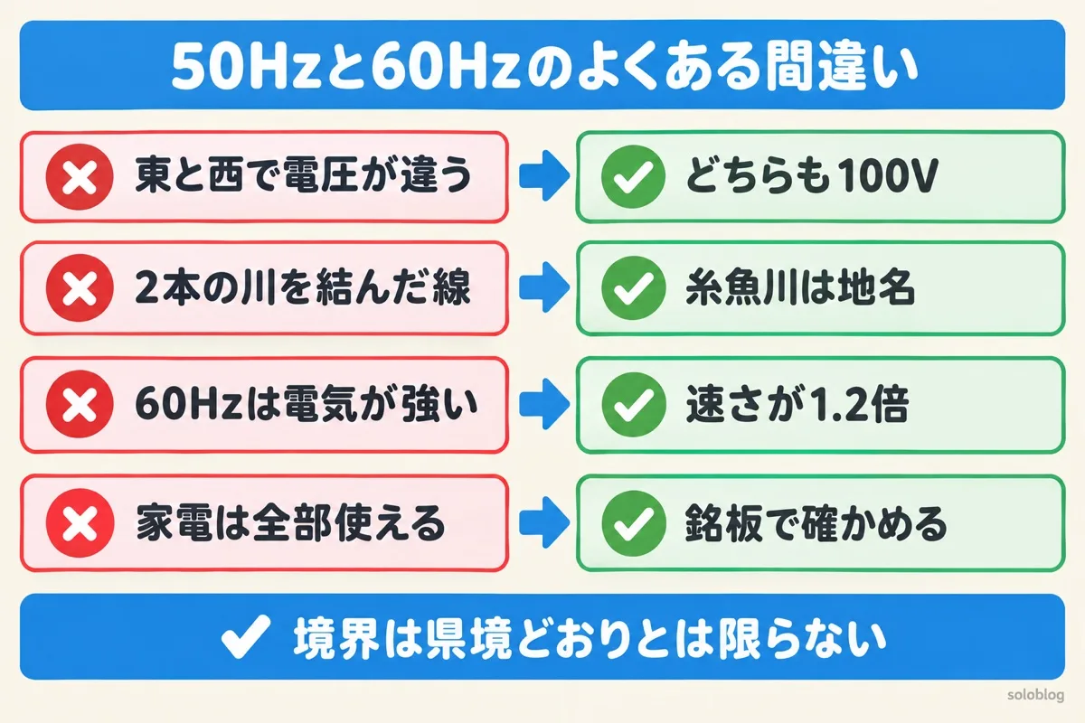 50Hzと60Hzのよくある間違いの図。電圧はどちらも100V、糸魚川は地名、60Hzは向きが変わる速さが1.2倍、家電は銘板で確かめる