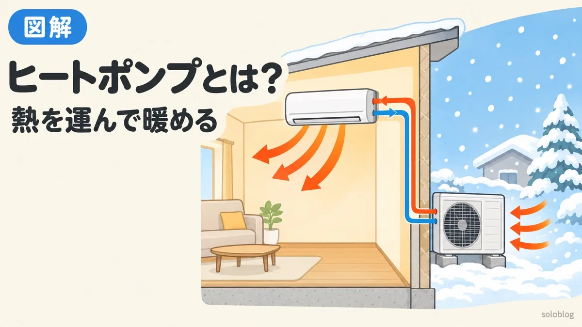 ヒートポンプとは何かを表すアイキャッチ。雪の降る外の空気から熱を集め、エアコンが部屋の中へ運んで暖めている