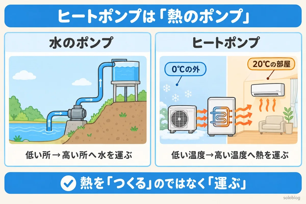 ヒートポンプは熱のポンプという図。水のポンプが水を低い所から高い所へ運ぶように、ヒートポンプは0℃の外から20℃の部屋へ熱を運ぶ