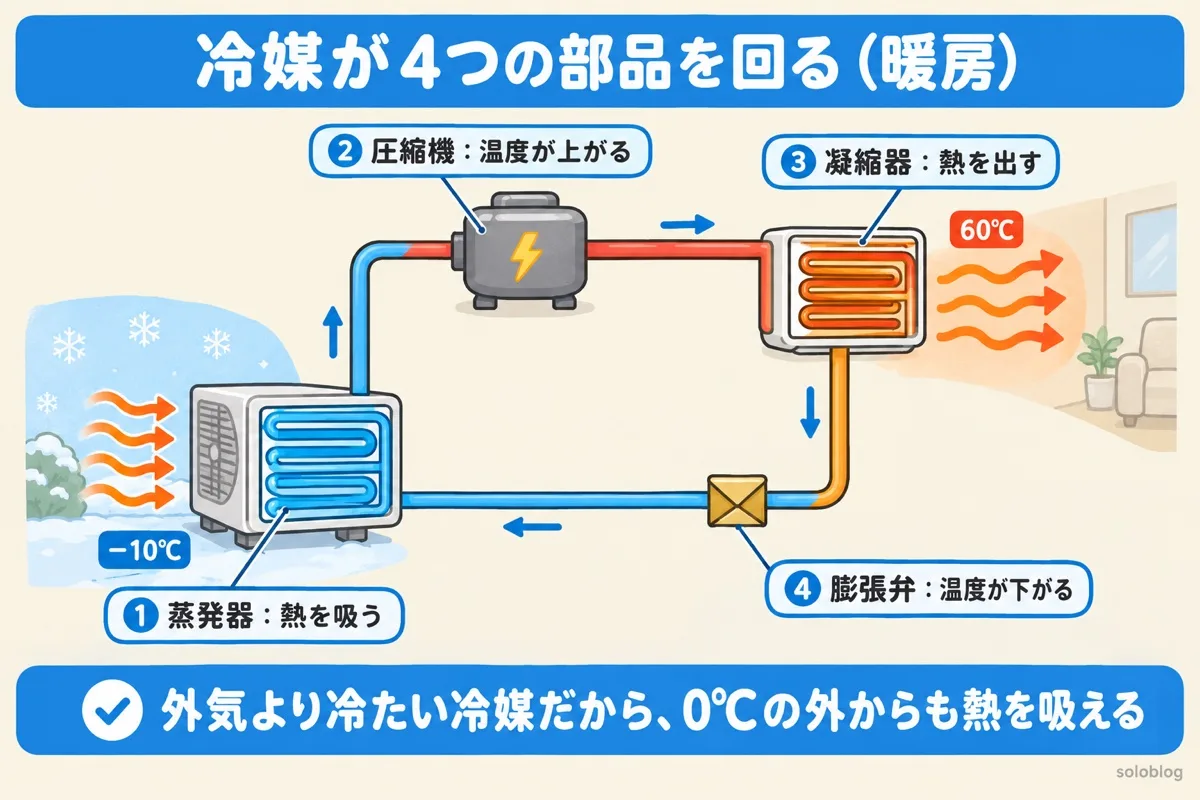 ヒートポンプの4つの部品の図。冷媒が蒸発器で外の熱を吸い、圧縮機で温度が上がり、凝縮器で部屋に熱を出し、膨張弁で温度が下がる