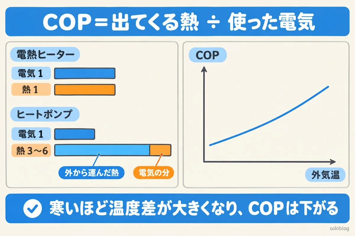COPの図。電熱ヒーターは電気1で熱1、ヒートポンプは電気1で外から運んだ熱と電気の分を合わせて熱3〜6。外気温が下がるとCOPは下がる