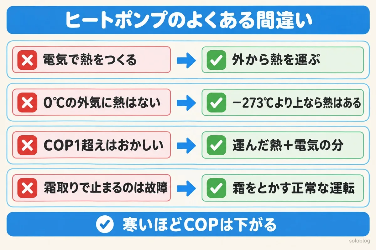 ヒートポンプのよくある間違いの図。熱は電気でつくるのではなく外から運ぶ、−273℃より上なら熱はある、COPは運んだ熱と電気の分の合計、霜取りは正常な運転