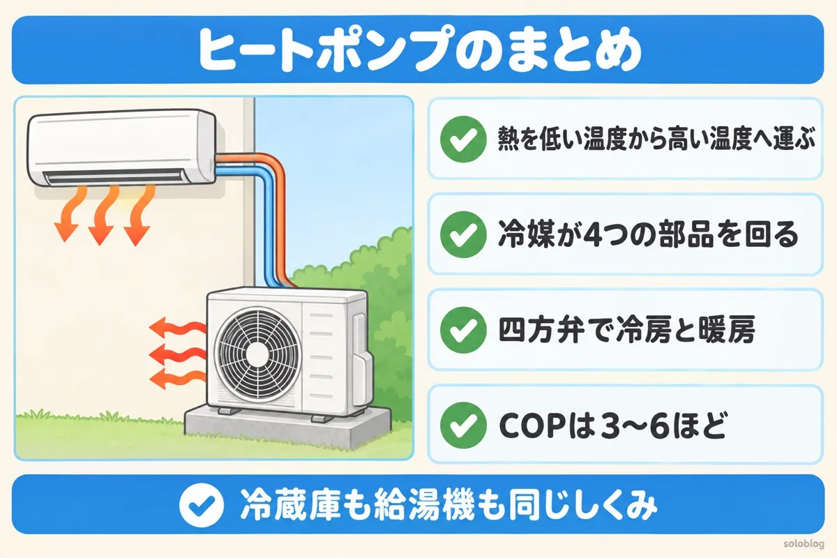 ヒートポンプのまとめの図。熱を低い温度から高い温度へ運ぶ、冷媒が4つの部品を回る、四方弁で冷房と暖房を切り替える、COPは3〜6ほど