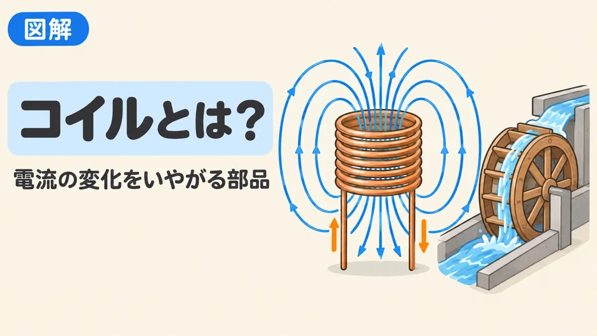 コイルとは何かを表すアイキャッチ。導線を巻いたコイルのまわりに磁界ができ、重い水車のように電流の変化をいやがる