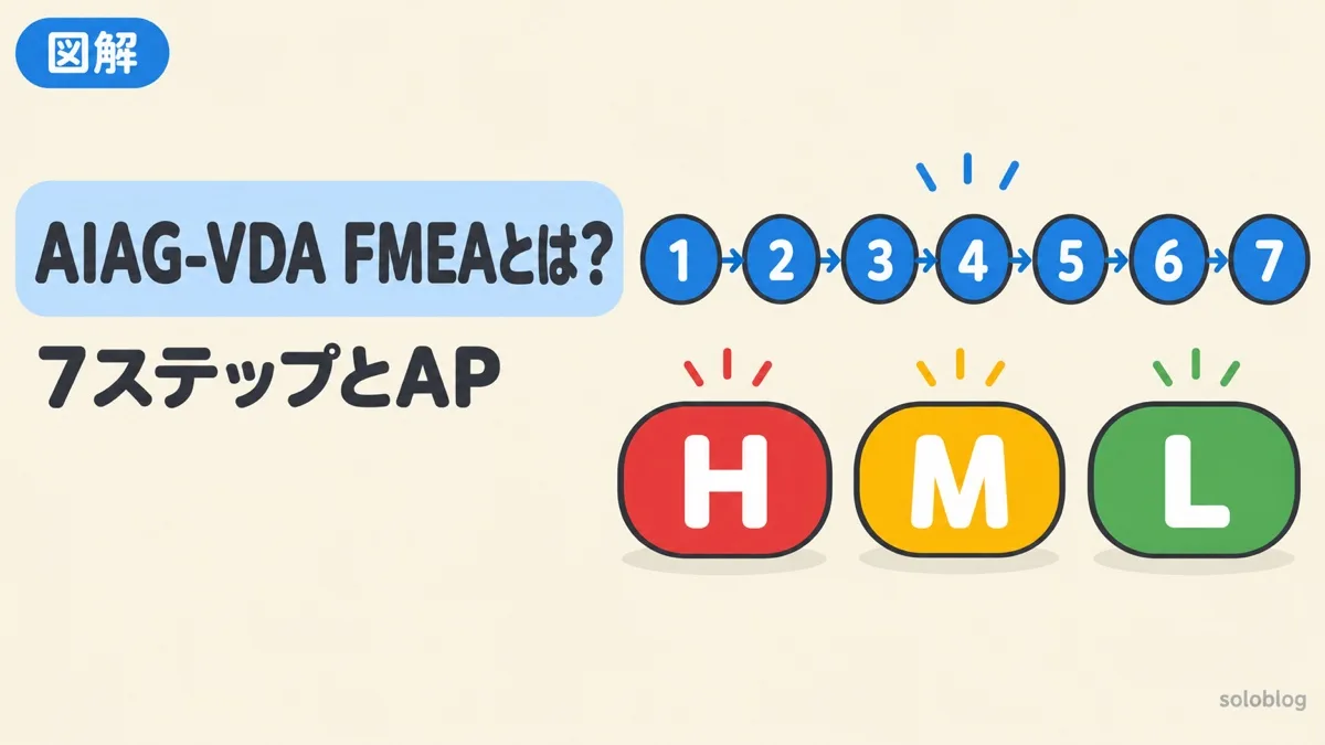 AIAG-VDA FMEAを表すアイキャッチ。7つのステップと、処置優先度のH・M・L