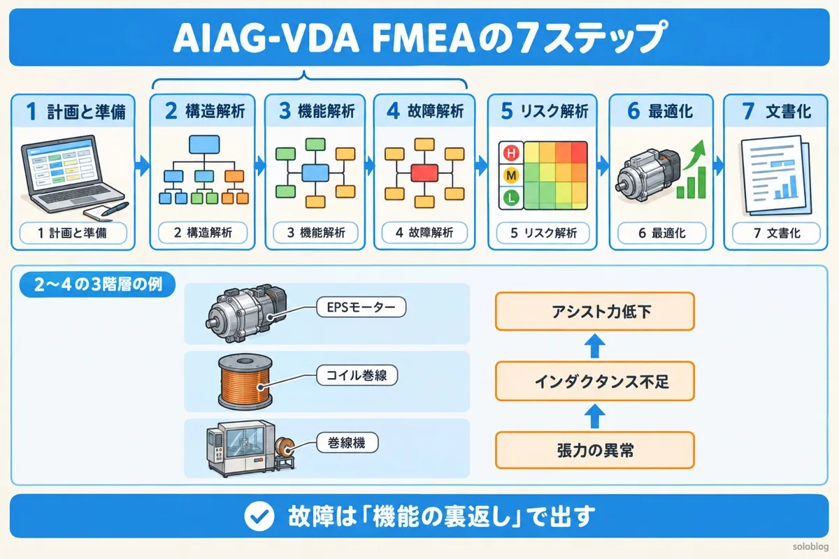 AIAG-VDA FMEAの7ステップの図。計画と準備、構造解析、機能解析、故障解析、リスク解析、最適化、文書化。EPSモーターの例で、巻線機の張力の異常がインダクタンス不足を起こし、アシスト力が低下する