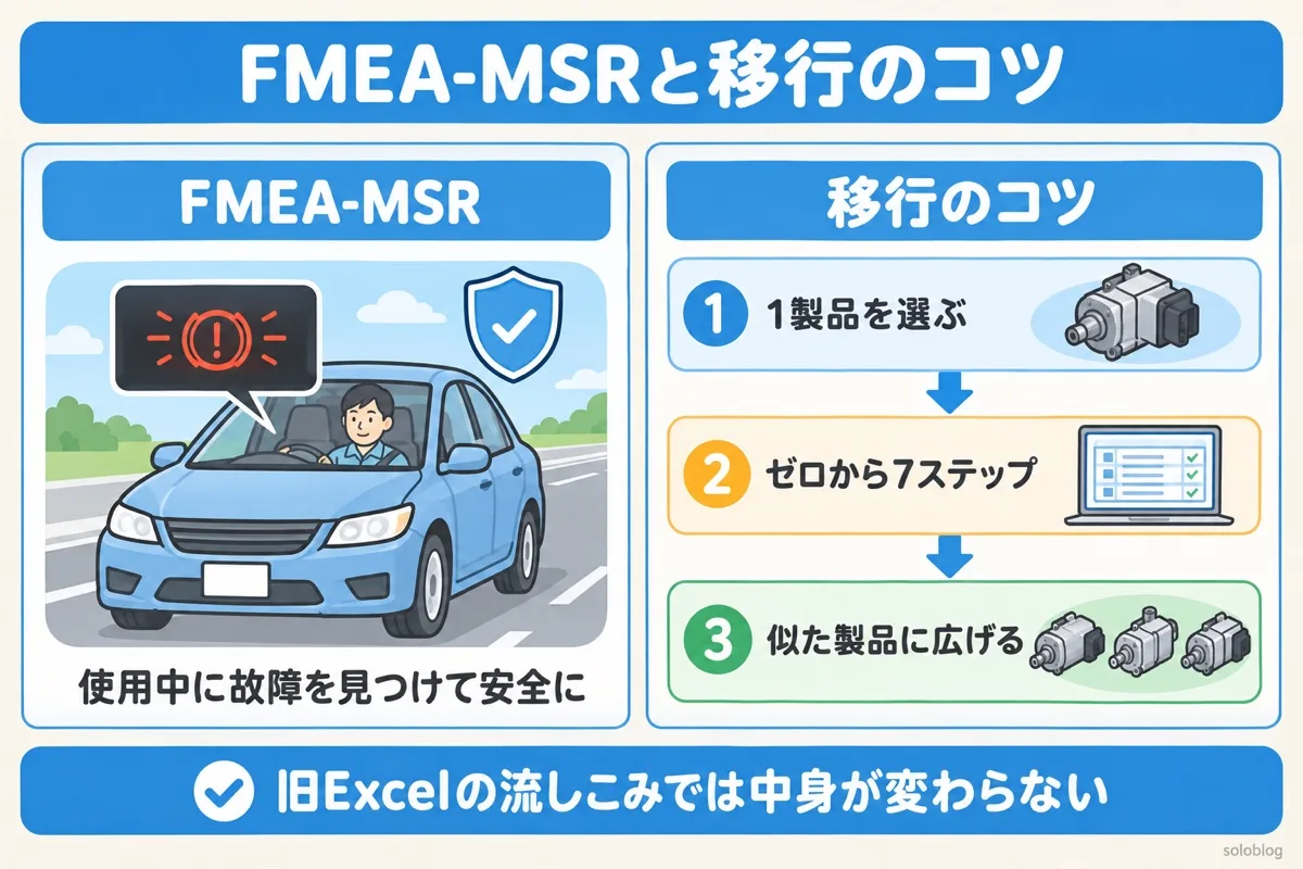 FMEA-MSRと移行のコツの図。FMEA-MSRは使用中に故障を見つけて安全な状態にできるかを評価する。移行は1製品を選び、ゼロから7ステップで作り、似た製品に広げる