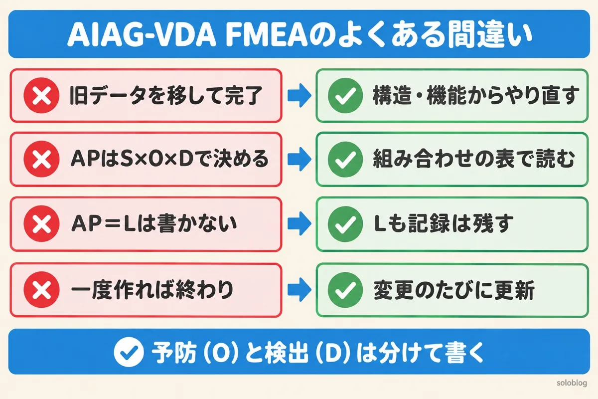 AIAG-VDA FMEAのよくある間違いの図。旧データを移すだけでなく構造・機能からやり直す、APは組み合わせの表で読む、Lも記録を残す、変更のたびに更新する