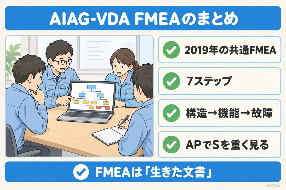 AIAG-VDA FMEAのまとめの図。2019年の自動車業界共通のFMEA、7ステップ、構造・機能・故障の順に考える、APでSを重く見る