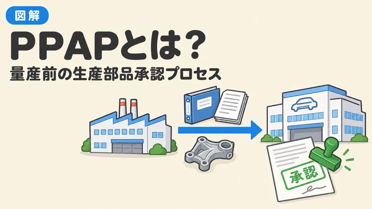 PPAPとは何かを表すアイキャッチ。部品メーカーが書類と部品を自動車メーカーに出し、承認をもらう