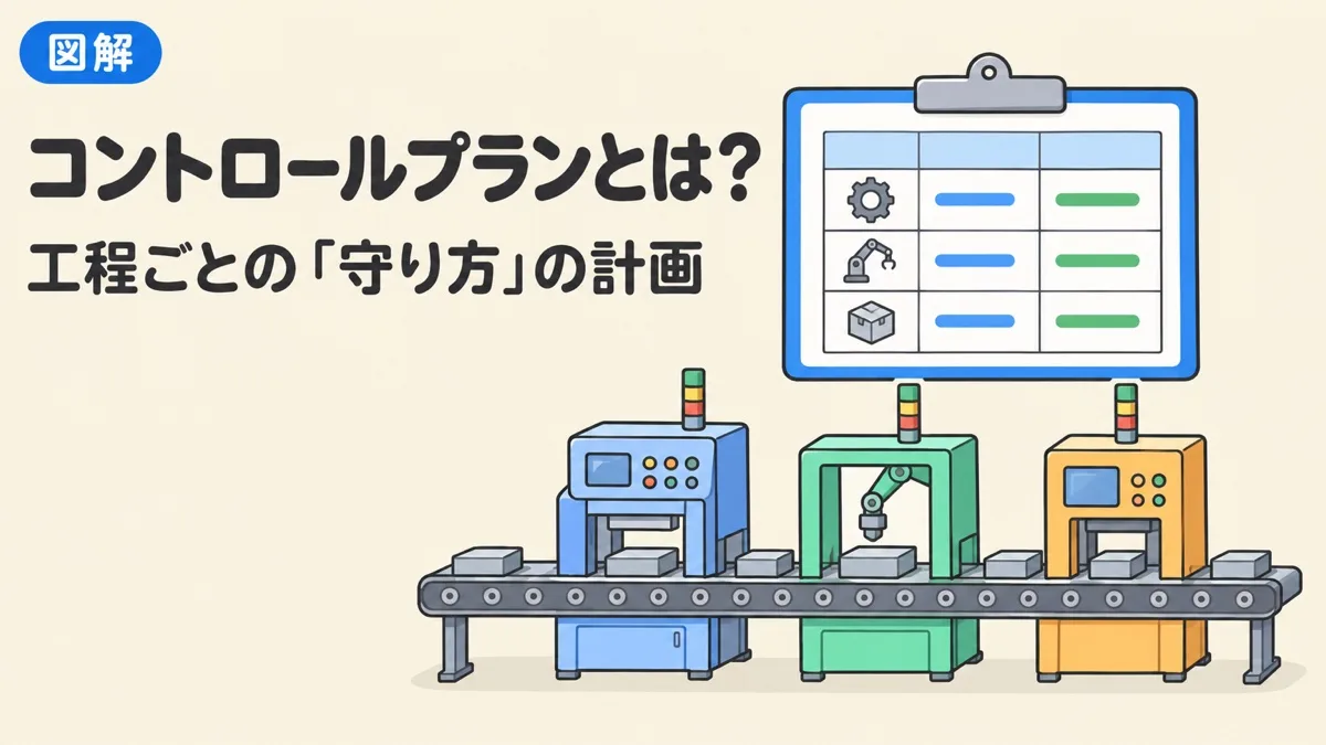 コントロールプランとは何かを表すアイキャッチ。工場の生産ラインの上に、工程ごとの管理を書いた表がある