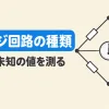 ブリッジ回路の種類を表すアイキャッチ。ひし形につないだ4つの素子と、まん中の検出器が0を指している
