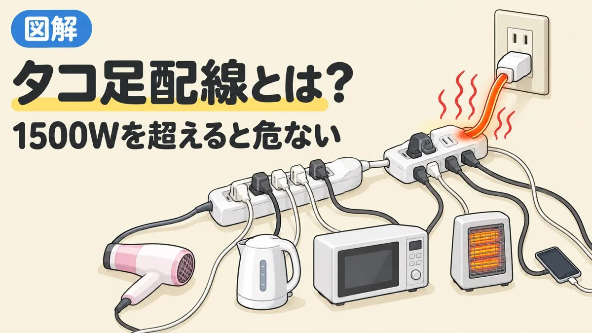 タコ足配線とは何かを表すアイキャッチ。1つのコンセントから電源タップを数珠つなぎにして、たくさんのプラグをつなぎ、コードが熱くなっている