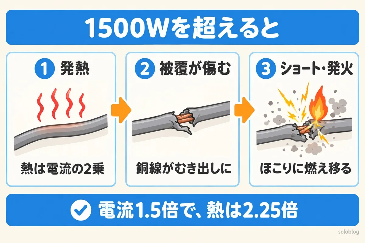タコ足配線で発火するまでの3ステップ。電線が発熱し、被覆が傷んで銅線がむき出しになり、ショートして発火する