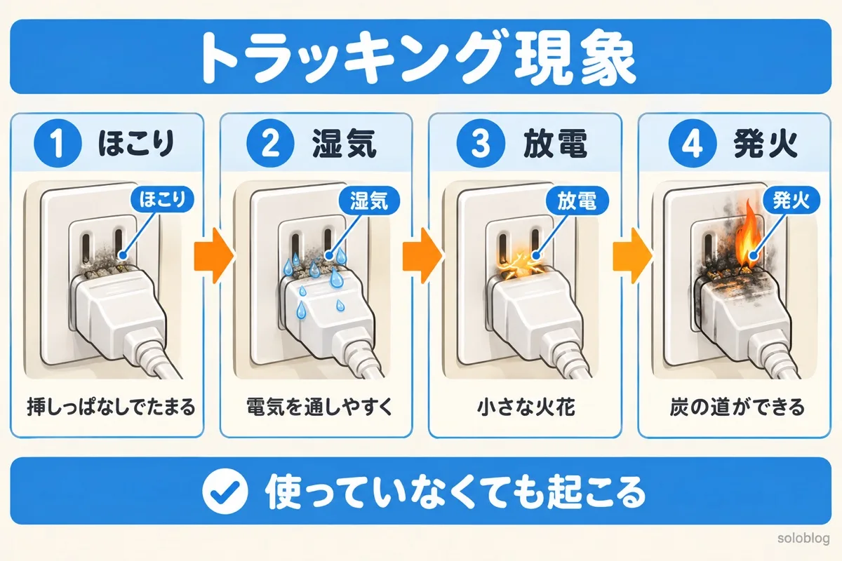 トラッキング現象の4ステップ。プラグにほこりがたまり、湿気を吸い、刃のあいだで放電して、炭になった通り道ができて発火する