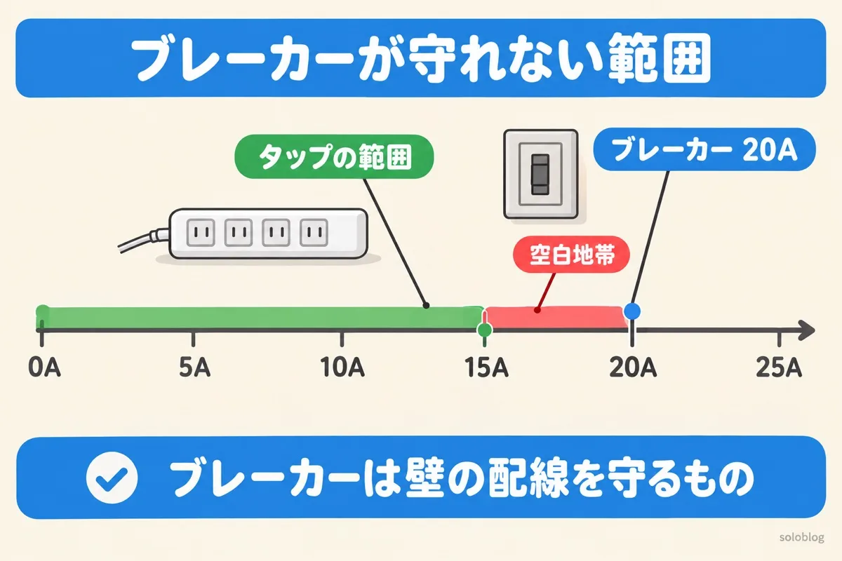 ブレーカーの空白地帯の図。電源タップは15Aまでだが、ブレーカーは20Aまで落ちないので、15Aから20Aのあいだは守られない