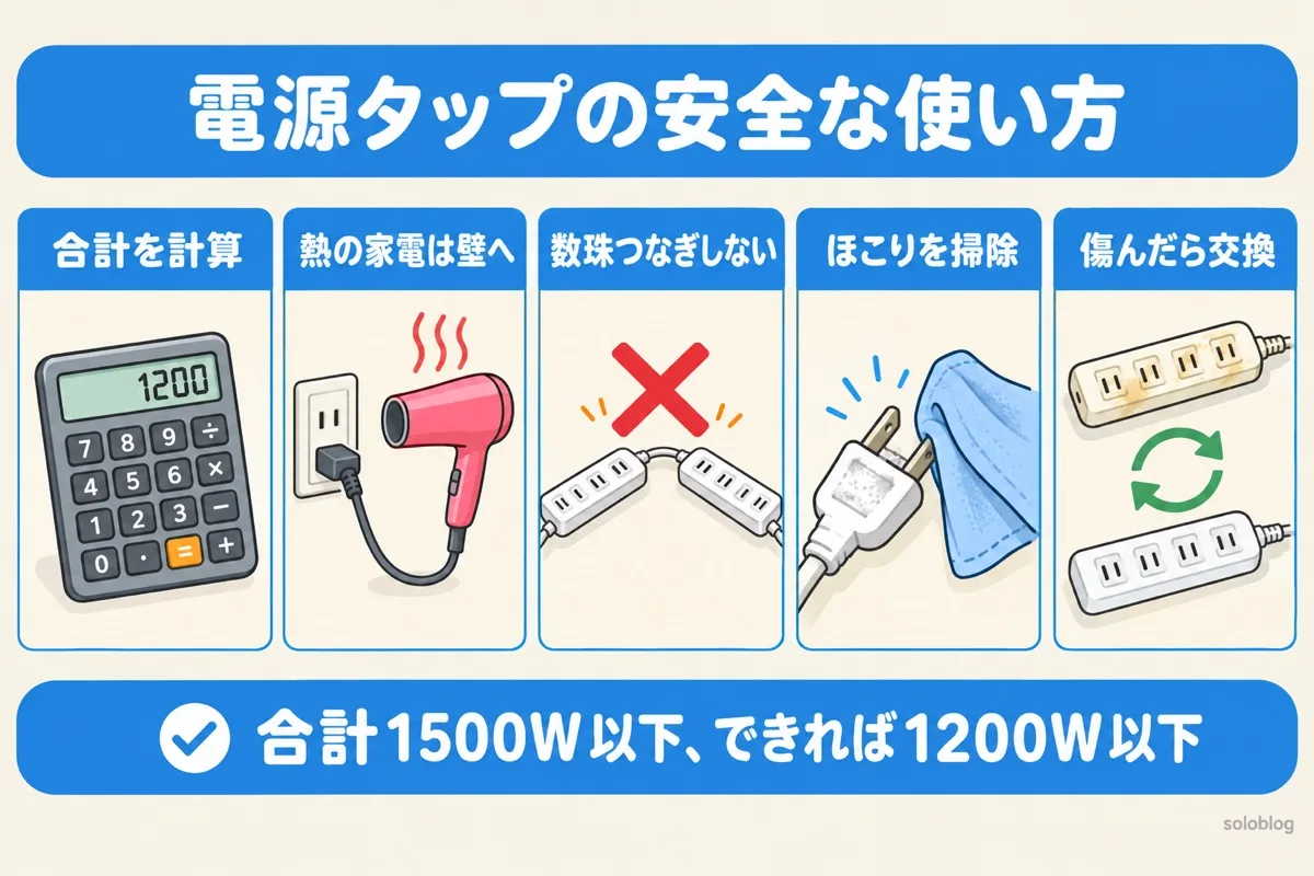 電源タップの安全な使い方の5つのルール。合計を計算する、熱を出す家電は壁へ、数珠つなぎしない、ほこりを掃除する、傷んだら交換する