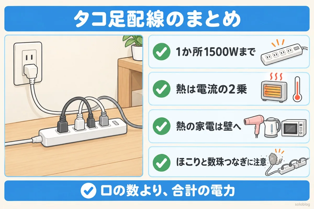 タコ足配線のまとめの図。コンセント1か所は1500Wまで、熱は電流の2乗、熱を出す家電は壁へ、ほこりと数珠つなぎに注意