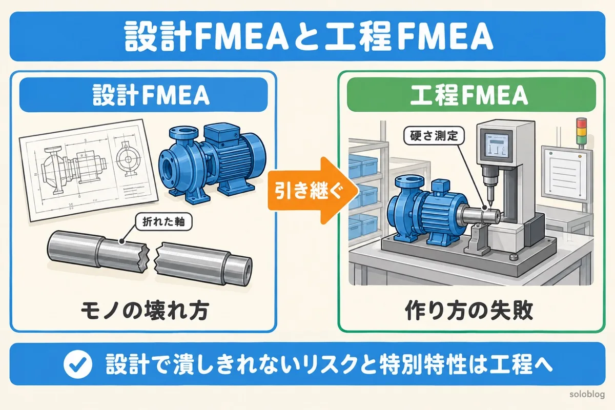 設計FMEAと工程FMEAの違いの図。設計FMEAはモノの壊れ方、工程FMEAは作り方の失敗を分析し、設計で潰しきれないリスクを工程に引き継ぐ