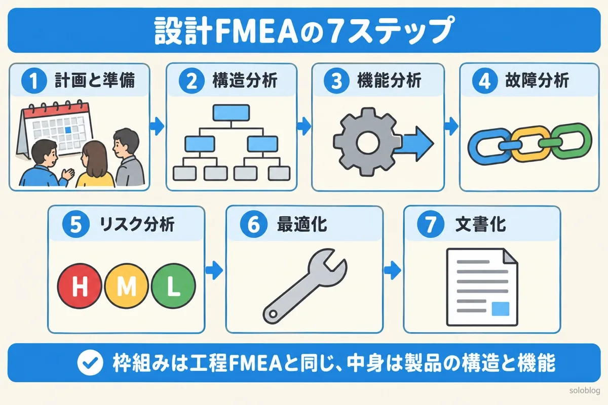 設計FMEAの7ステップ。計画と準備、構造分析、機能分析、故障分析、リスク分析、最適化、文書化