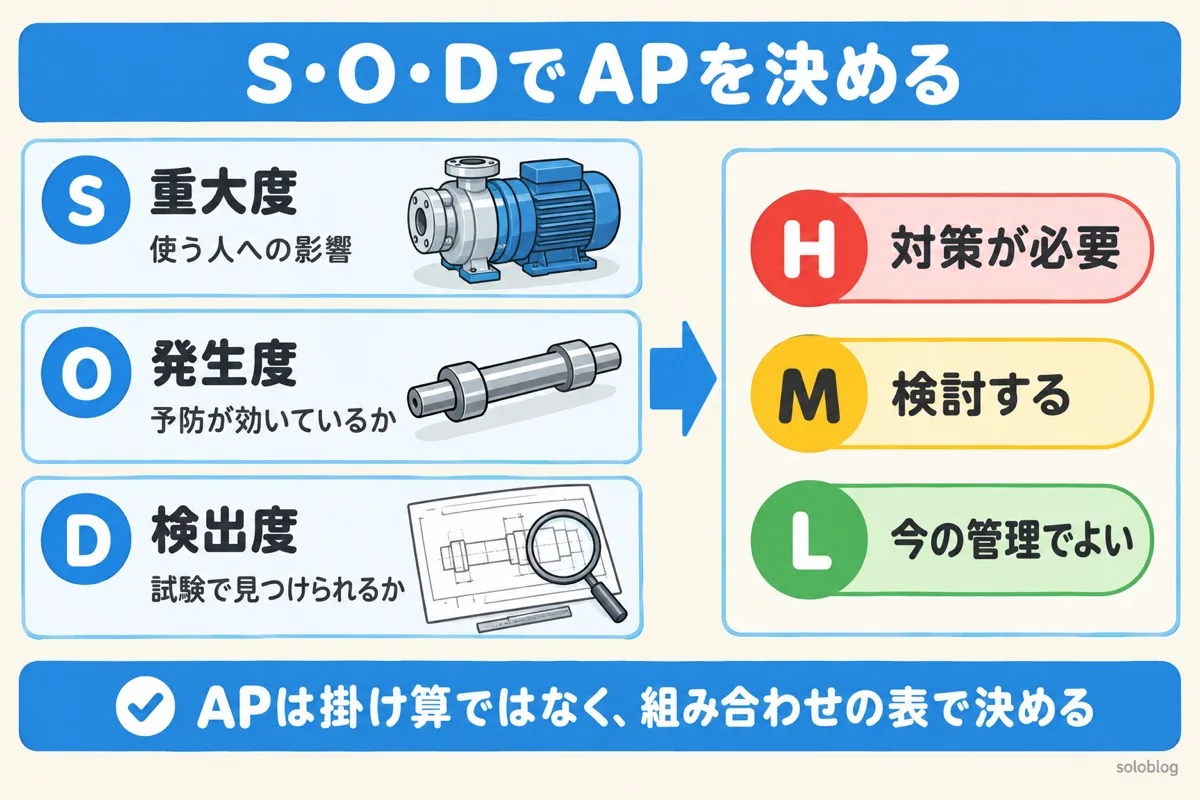 設計FMEAのリスク分析の図。重大度S、発生度O、検出度Dを評価し、APをH(対策が必要)、M(検討する)、L(今の管理でよい)で決める