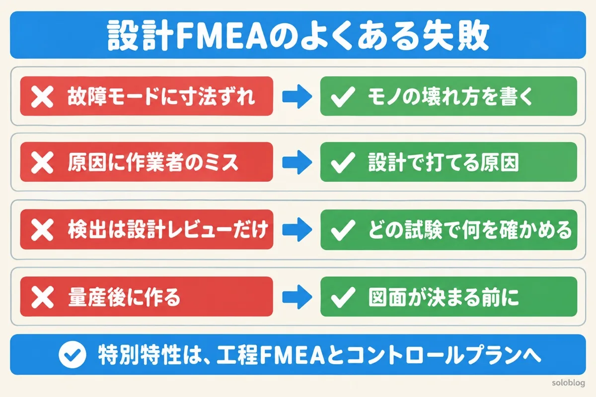 設計FMEAのよくある失敗の図。故障モードにはモノの壊れ方を書く、原因は設計で手を打てるもの、検出は具体的な試験、図面が決まる前に作る