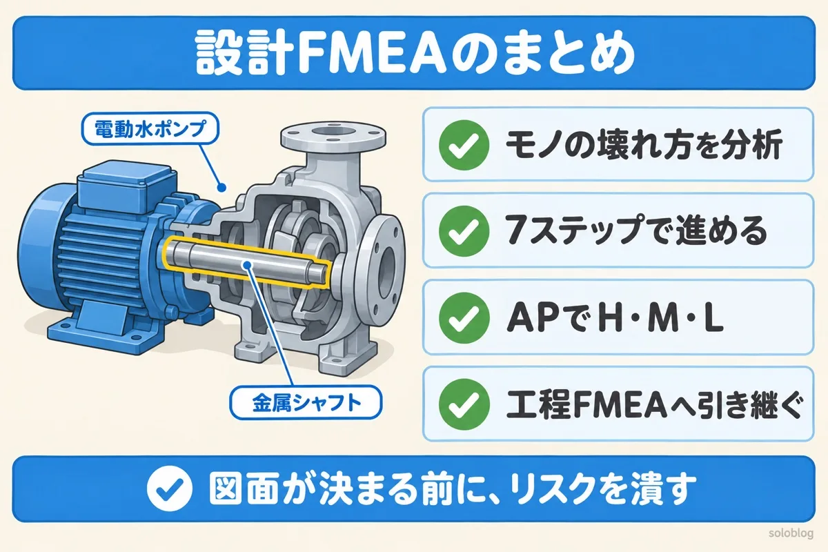 設計FMEAのまとめの図。モノの壊れ方を分析、7ステップで進める、APでH・M・Lを決める、工程FMEAへ引き継ぐ