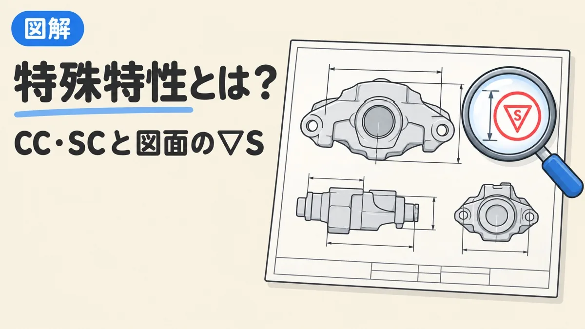 特殊特性とは何かを表すアイキャッチ。部品の図面で、寸法の横についた▽Sの記号を虫めがねで見ている