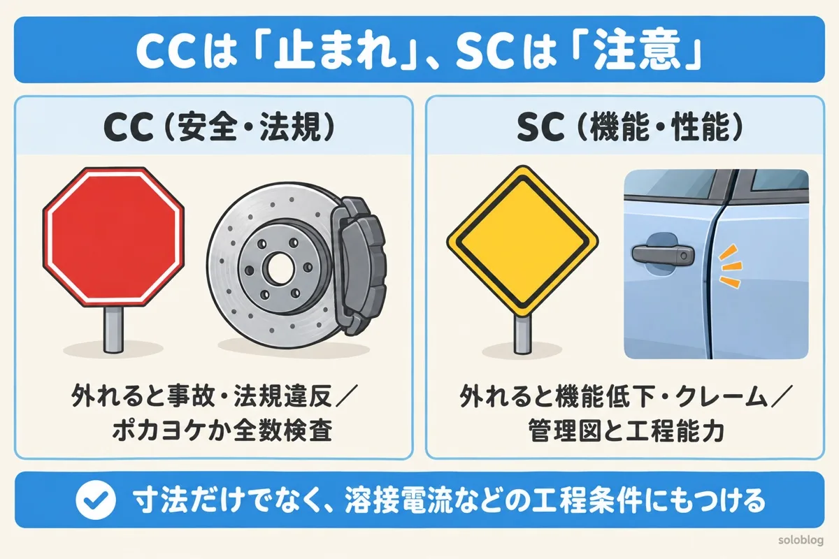 CCとSCの違いの図。CCは止まれの標識にあたり、外れると事故や法規違反につながるのでポカヨケか全数検査。SCは注意の標識にあたり、機能低下やクレームにつながるので管理図と工程能力で管理する