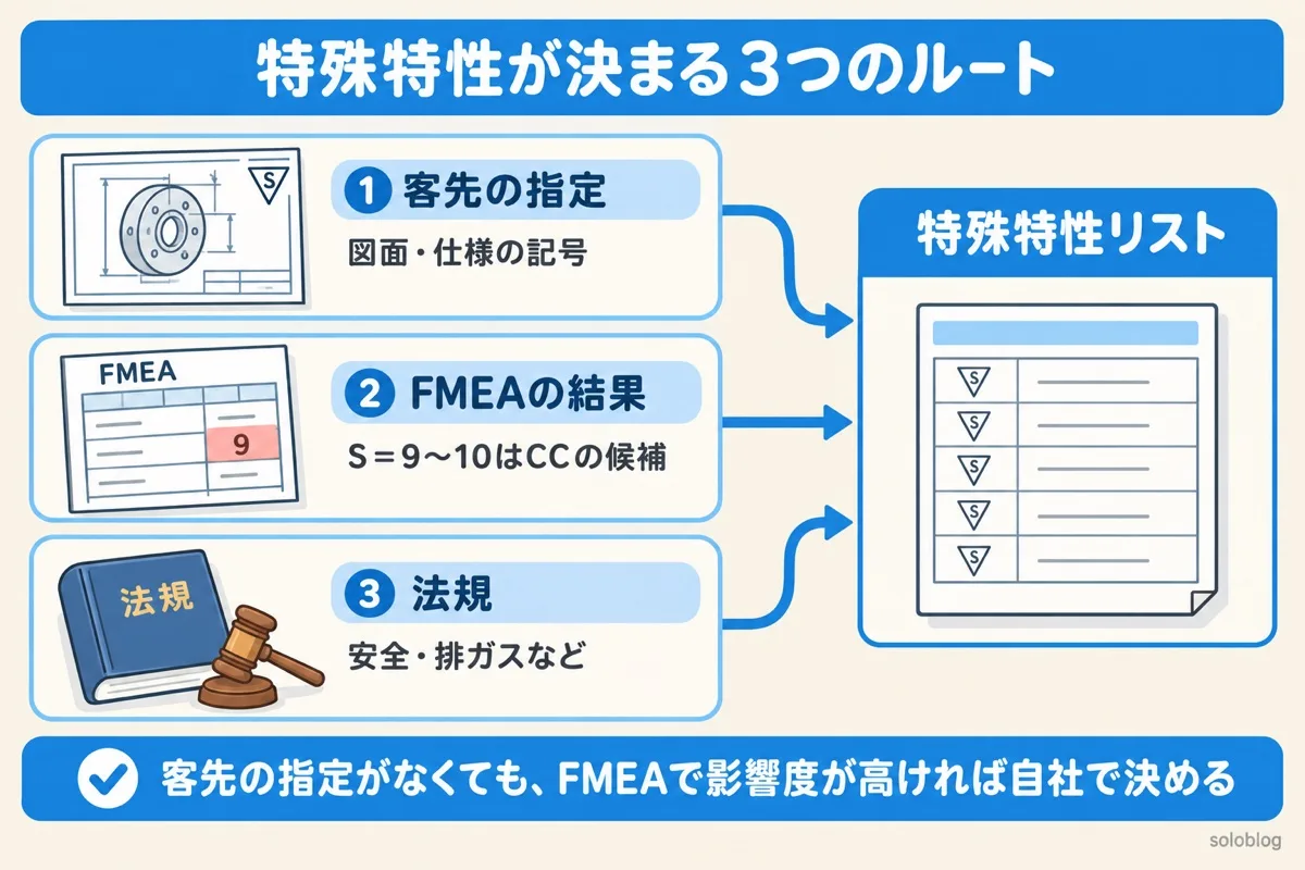特殊特性が決まる3つのルートの図。客先の図面の記号、FMEAで影響度Sが9〜10の故障、安全や排ガスなどの法規から特殊特性リストをつくる