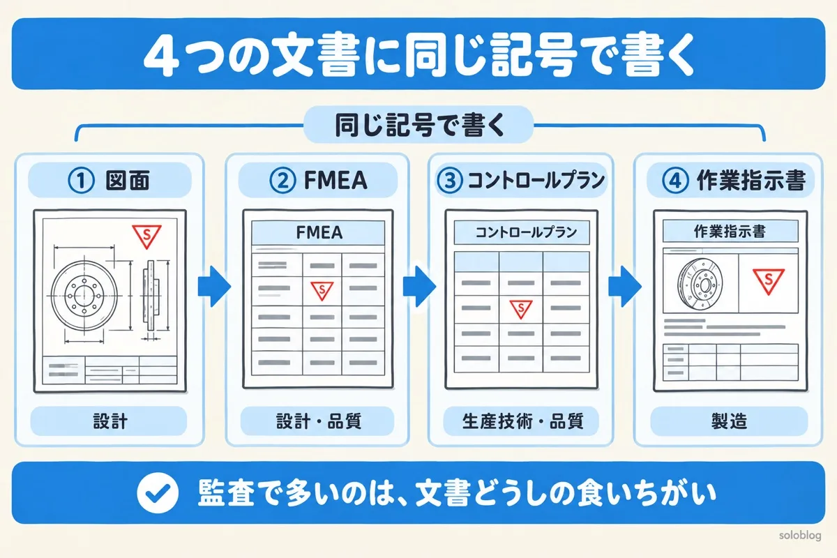 特殊特性を4つの文書に展開する図。図面、FMEA、コントロールプラン、作業指示書に同じ記号で書く。担当は設計、品質、生産技術、製造