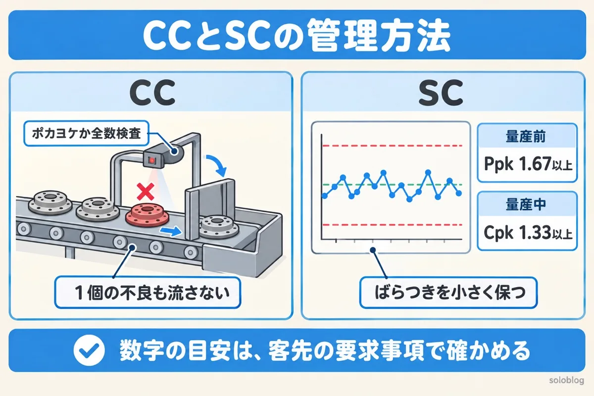 CCとSCの管理方法の図。CCはポカヨケか全数検査で1個の不良も流さない。SCは管理図で見張り、量産前Ppk1.67以上、量産中Cpk1.33以上が目安