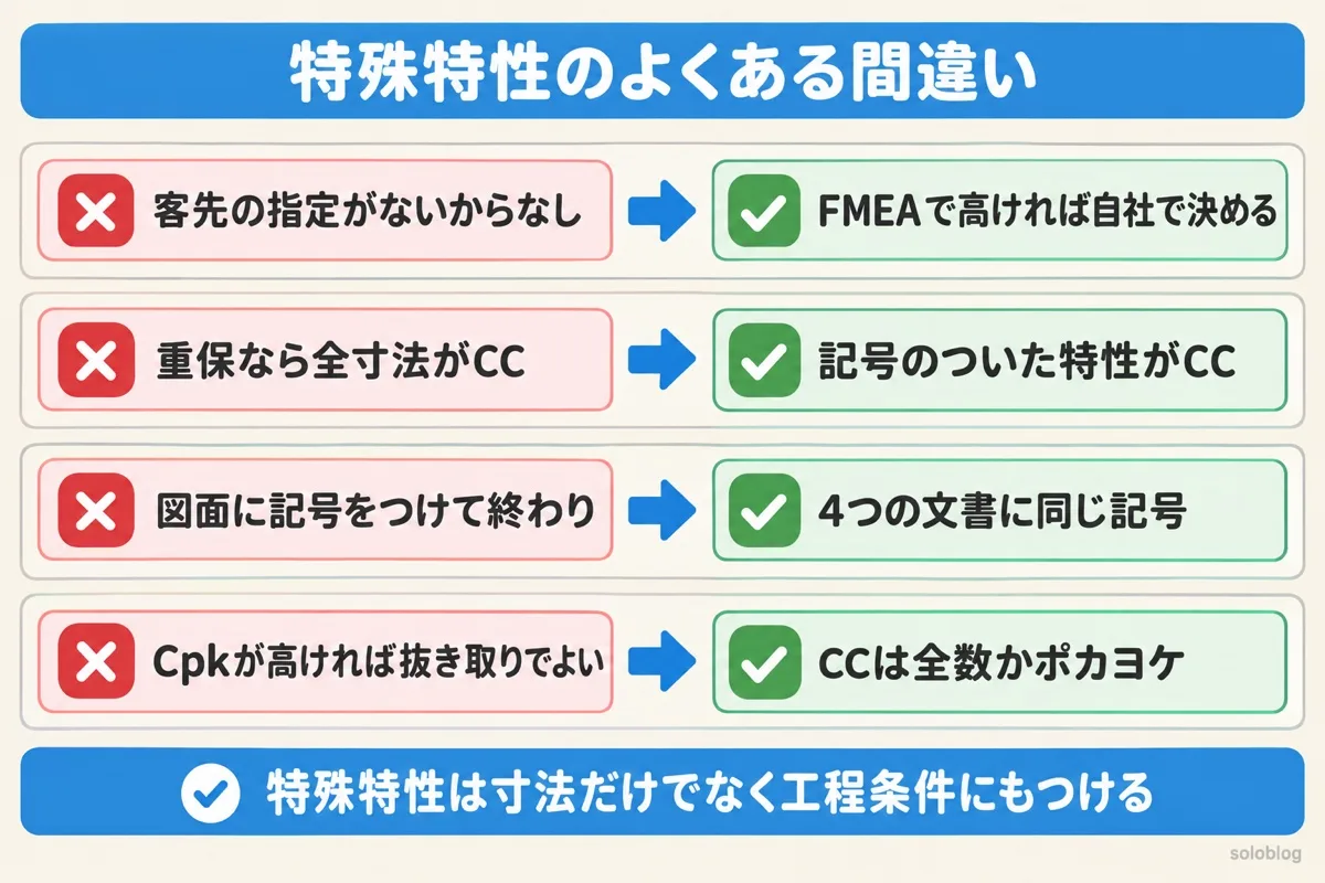 特殊特性のよくある間違いの図。客先の指定がなくてもFMEAで高ければ自社で決める、重保でも記号のついた特性がCC、4つの文書に同じ記号で書く、CCは全数検査かポカヨケ