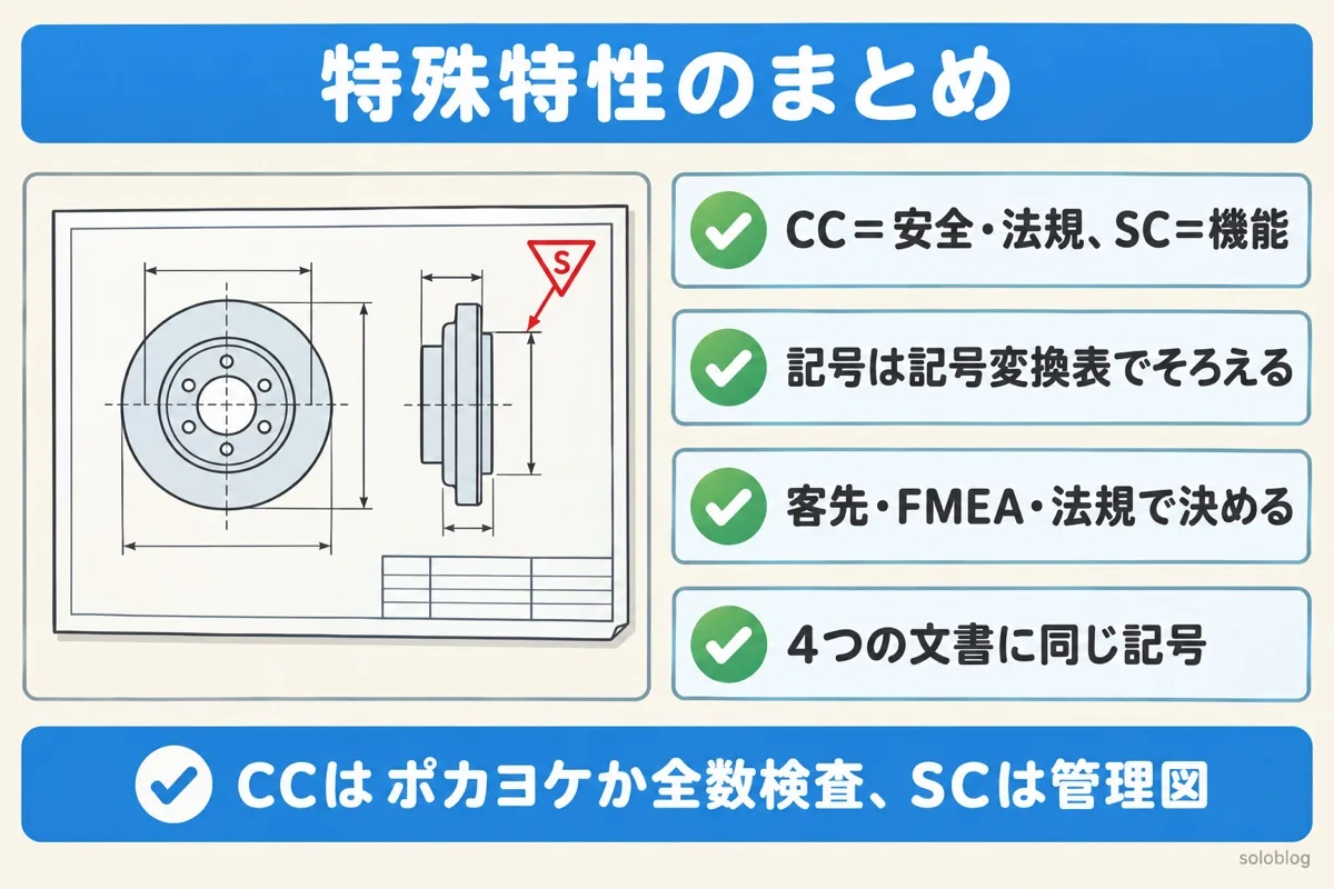 特殊特性のまとめの図。CCは安全・法規、SCは機能。記号は記号変換表でそろえ、客先の指定・FMEA・法規で決め、4つの文書に同じ記号で書く