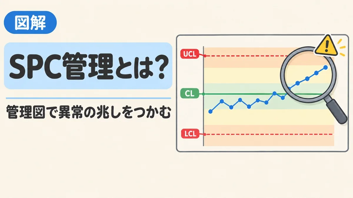 SPC管理とは何かを表すアイキャッチ。管理限界の内側でも、点が上がり続けるのを虫めがねで見つける