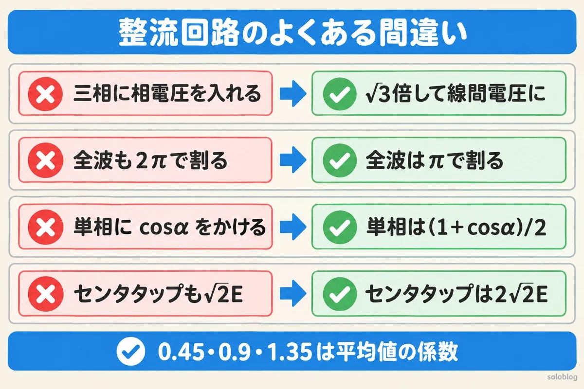 整流回路の計算のよくある間違いの図。三相は線間電圧に直す、全波はπで割る、単相のサイリスタは(1＋cosα)/2、センタタップの逆電圧は2√2E