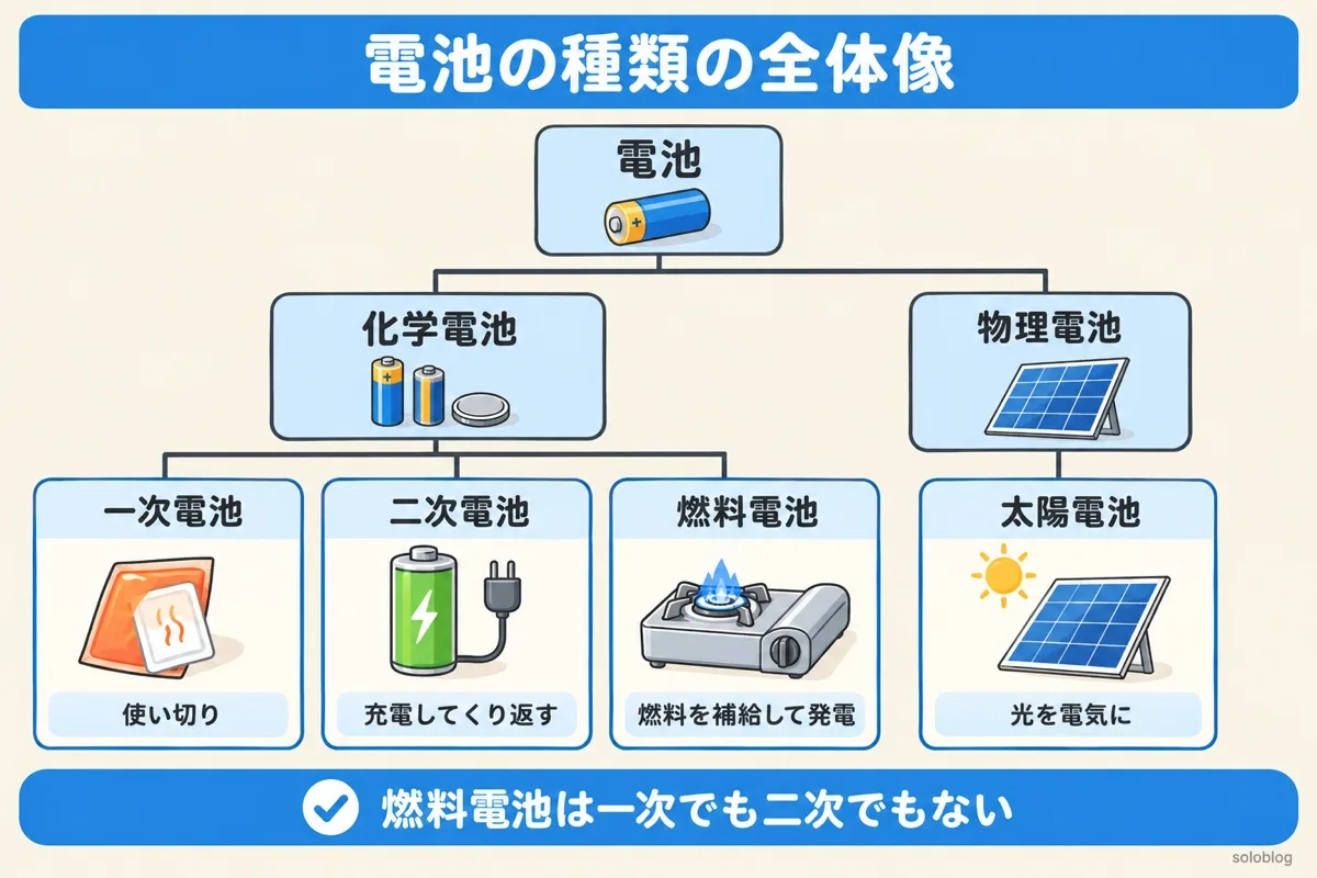 電池の種類の全体像の図。電池は化学電池と物理電池に分かれ、化学電池は使い切りの一次電池、充電してくり返す二次電池、燃料を補給して発電する燃料電池。物理電池の代表は太陽電池