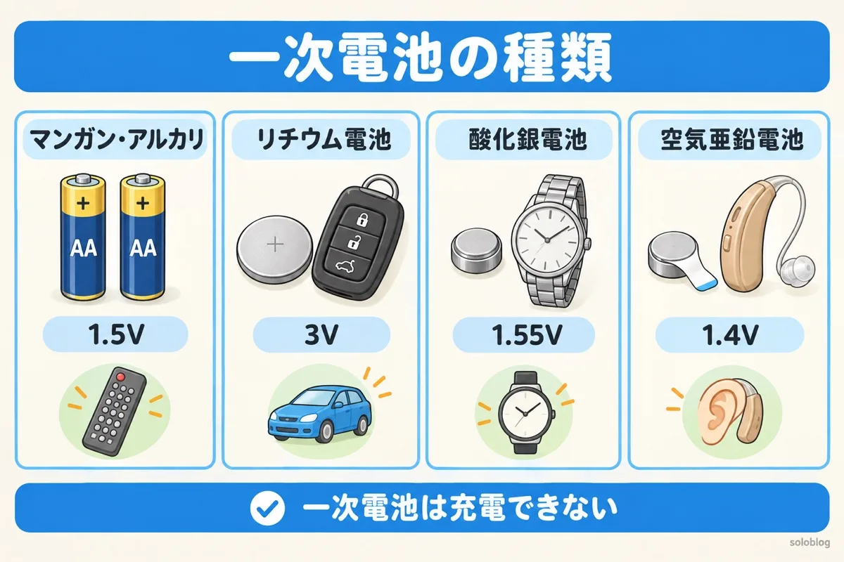 一次電池の種類の図。マンガン・アルカリ乾電池は1.5V、リチウム電池は3V、酸化銀電池は1.55Vで腕時計、空気亜鉛電池は1.4Vで補聴器