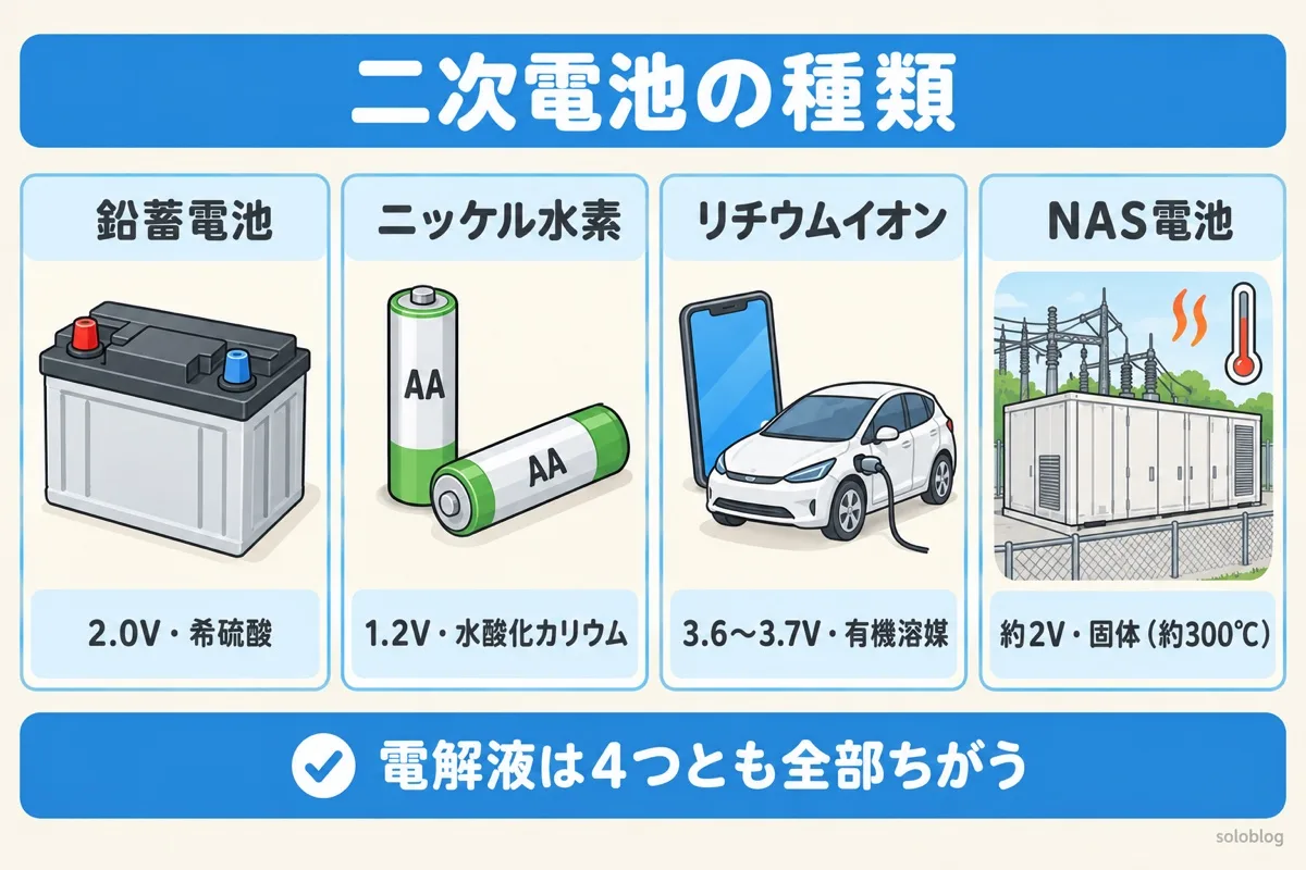 二次電池の種類の図。鉛蓄電池は2.0Vで希硫酸、ニッケル水素は1.2Vで水酸化カリウム、リチウムイオンは3.6〜3.7Vで有機溶媒、NAS電池は約2Vで固体電解質を約300℃で使う