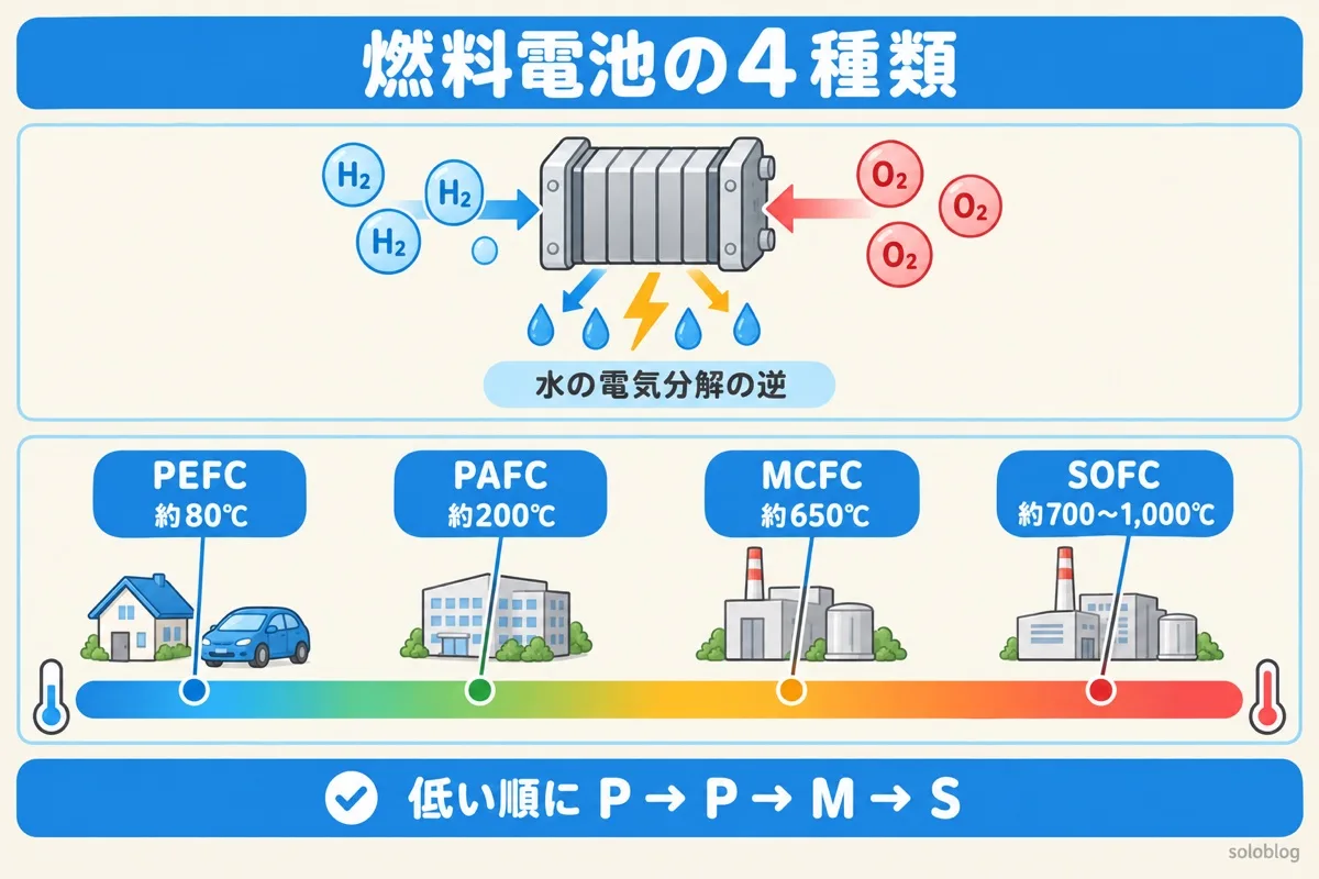 燃料電池の4種類の図。水素と酸素から水と電気をつくる。運転温度の低い順にPEFC約80℃、PAFC約200℃、MCFC約650℃、SOFC約700〜1,000℃
