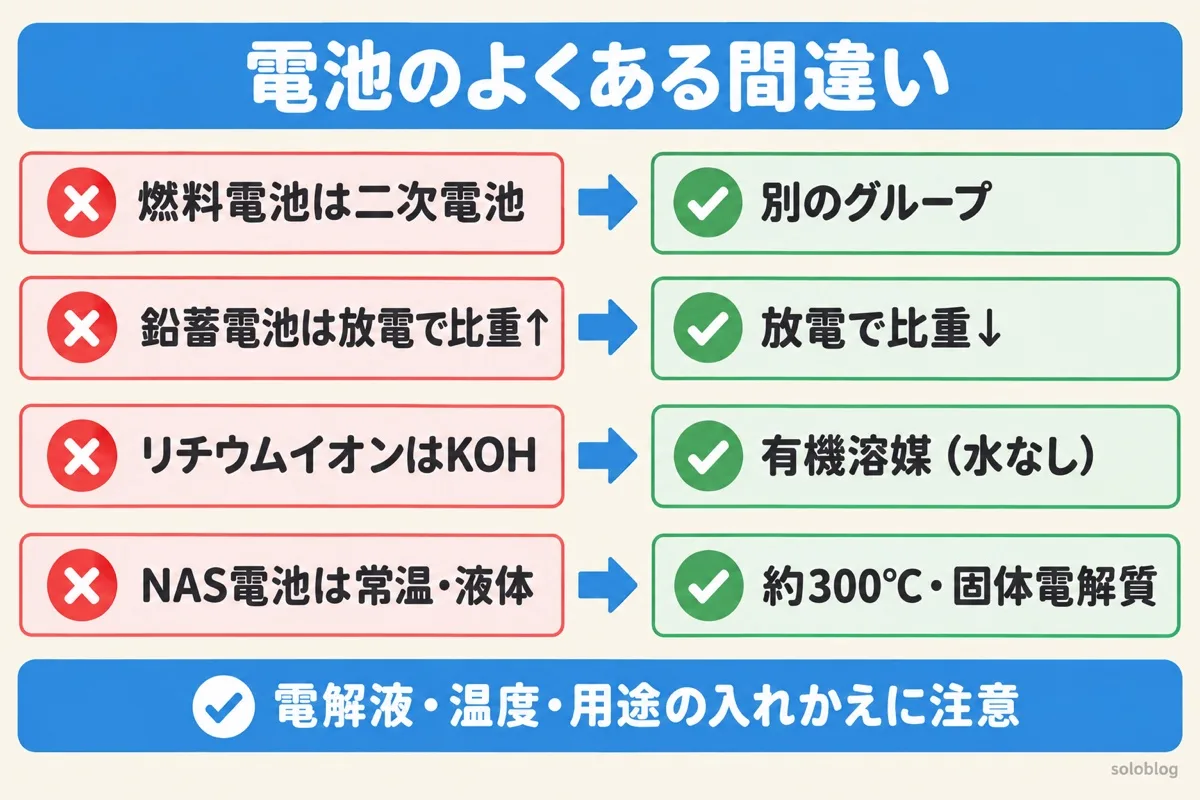 電池のよくある間違いの図。燃料電池は二次電池ではない、鉛蓄電池は放電で比重が下がる、リチウムイオン電池の電解液は有機溶媒、NAS電池は約300℃で固体電解質