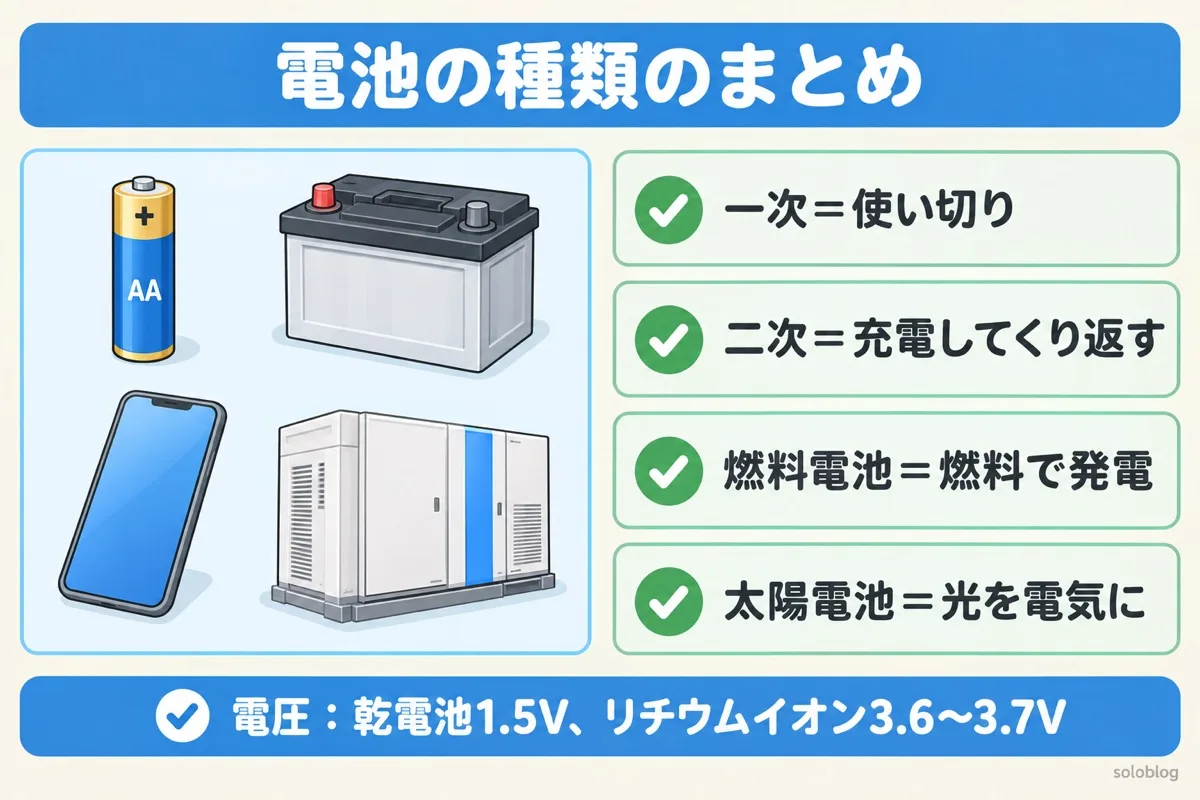 電池の種類のまとめの図。一次電池は使い切り、二次電池は充電してくり返す、燃料電池は燃料で発電、太陽電池は光を電気に変える
