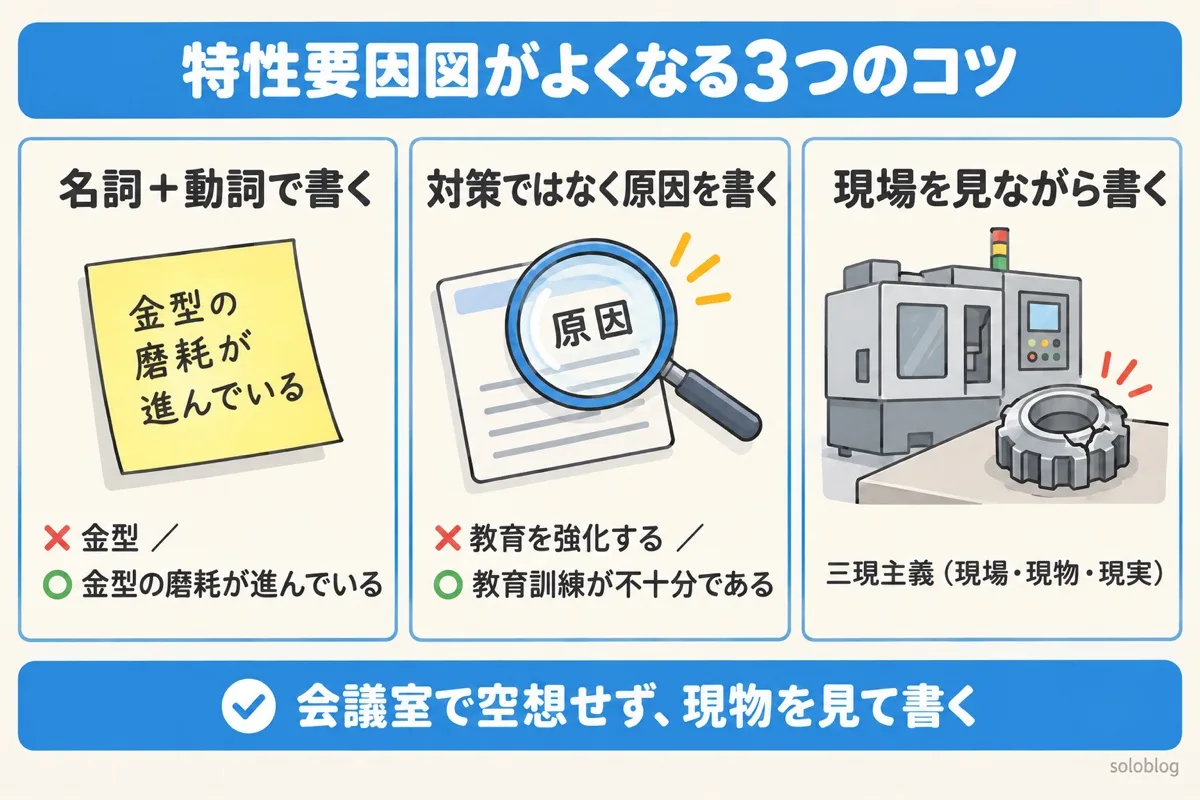 特性要因図がよくなる3つのコツの図。要因は名詞と動詞で書く、対策ではなく原因を書く、現場を見ながら書く（三現主義）