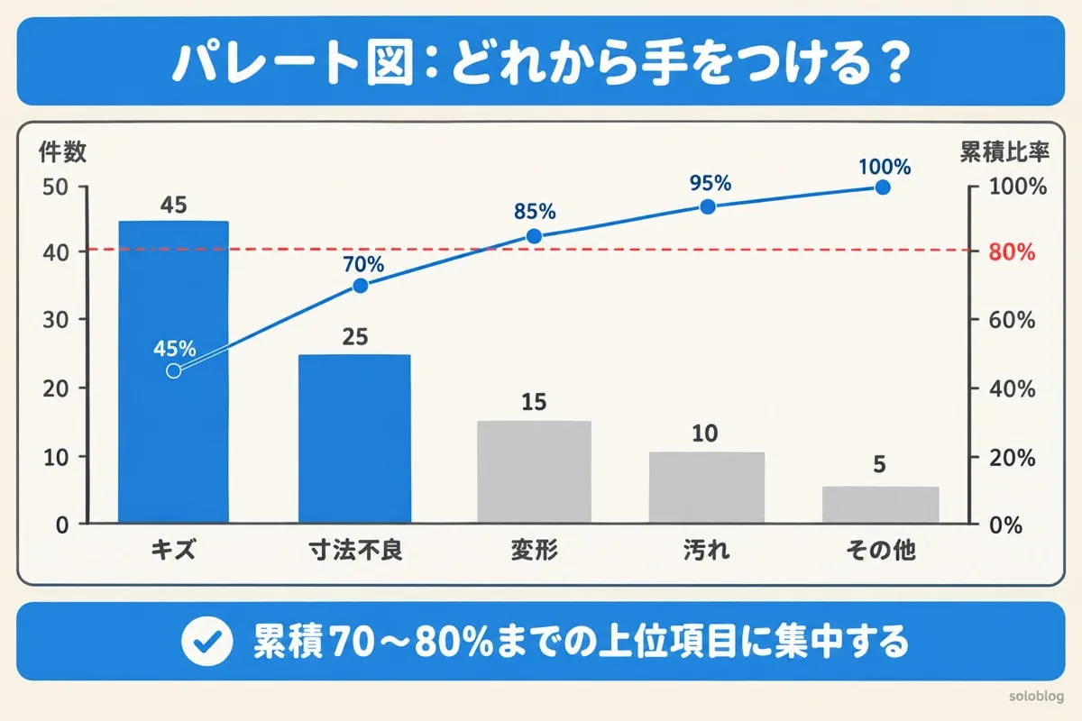 パレート図の例。キズ45件、寸法不良25件、変形15件、汚れ10件、その他5件で、累積比率は45％、70％、85％、95％、100％