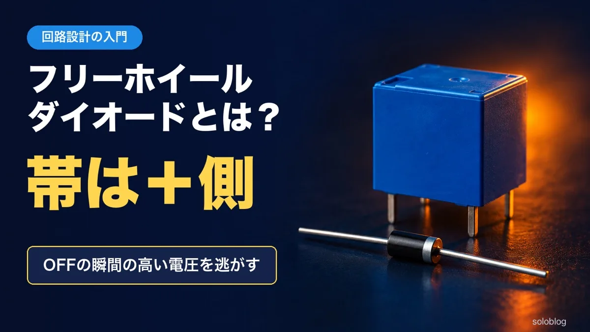 暗い背景に青い小型リレーと銀の帯のついた黒いダイオードの写真に、回路設計の入門・フリーホイールダイオードとは？・帯は＋側・OFFの瞬間の高い電圧を逃がす の文字