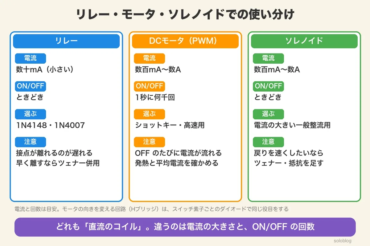 リレー・DCモータ（PWM）・ソレノイドの3列の比較。リレーは数十mA・ときどき・1N4148か1N4007・接点が離れるのが遅れる、モータは数百mA〜数A・1秒に何千回・ショットキーか高速用・発熱と平均電流、ソレノイドは数百mA〜数A・ときどき・電流の大きい一般整流用・戻りを速くするならツェナーか抵抗