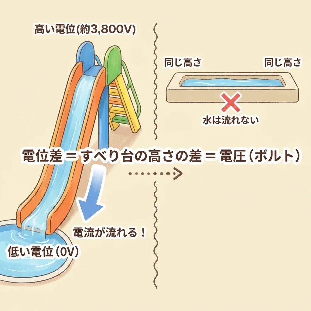 電位差をすべり台にたとえた図。高い電位(約3,800V)から低い電位(0V)へ高さの差があると電流が流れ、同じ高さでは水は流れない。電位差=すべり台の高さの差=電圧