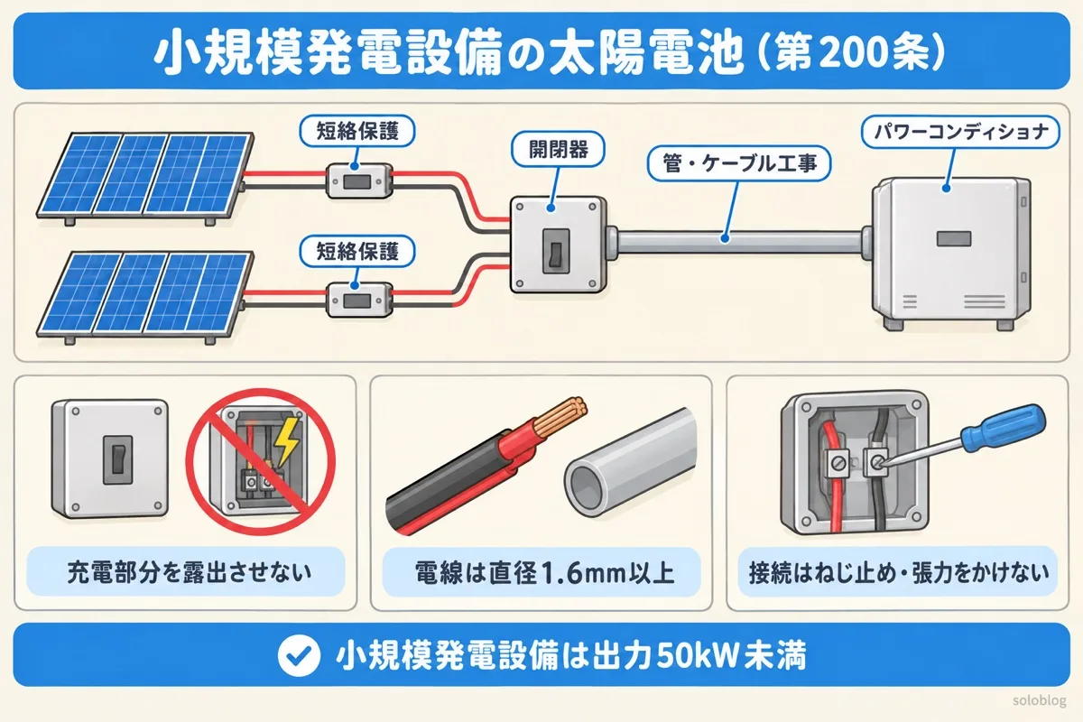 小規模発電設備の太陽電池発電設備の図。並列のストリングに短絡保護、負荷側の接続点に開閉器、電線は管やケーブル工事。充電部分を露出させない、電線は直径1.6mm以上、接続はねじ止めで張力をかけない