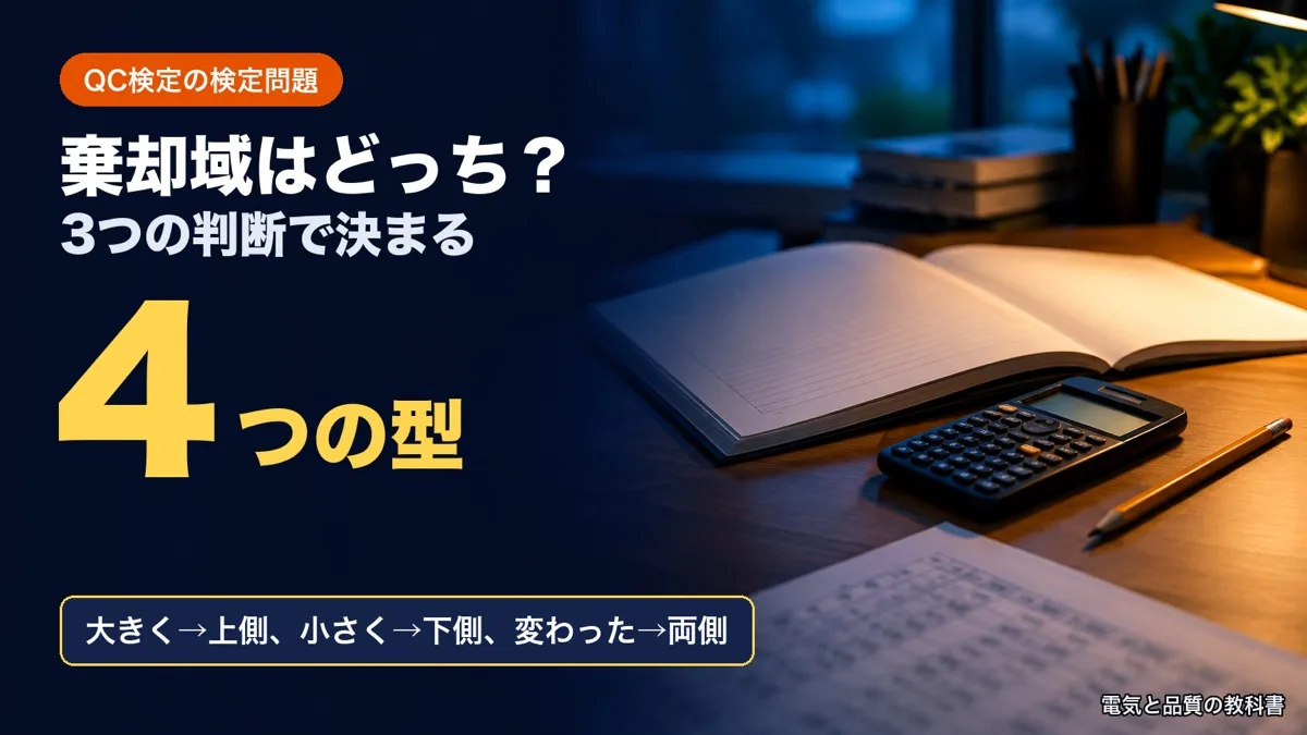 QC検定の検定問題の記事のアイキャッチ。机の上のノート・電卓・鉛筆と統計の表の写真に「棄却域はどっち？ 4つの型」の文字