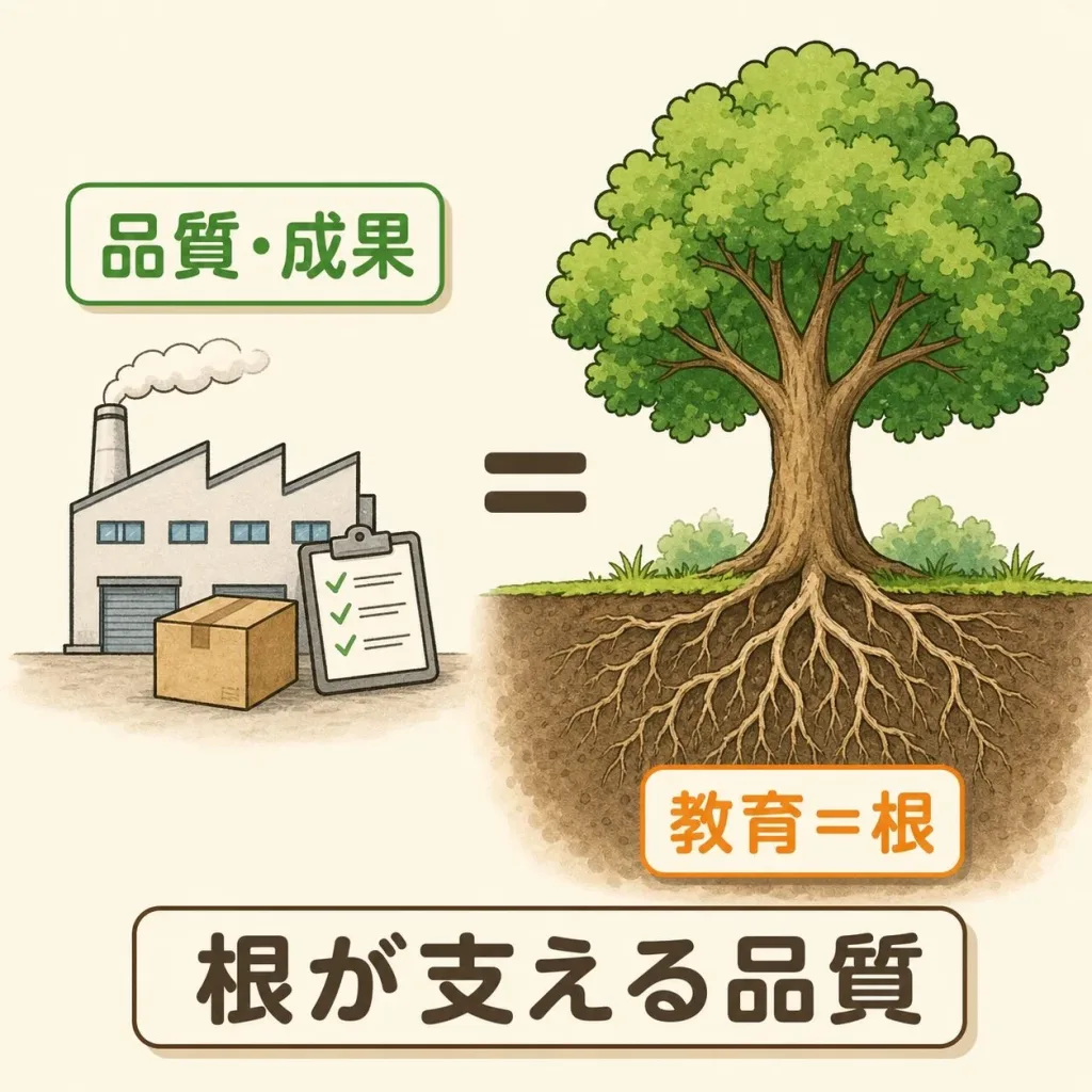 品質を支える根は教育。工場の品質・成果を木にたとえ、教育を根として描いた図